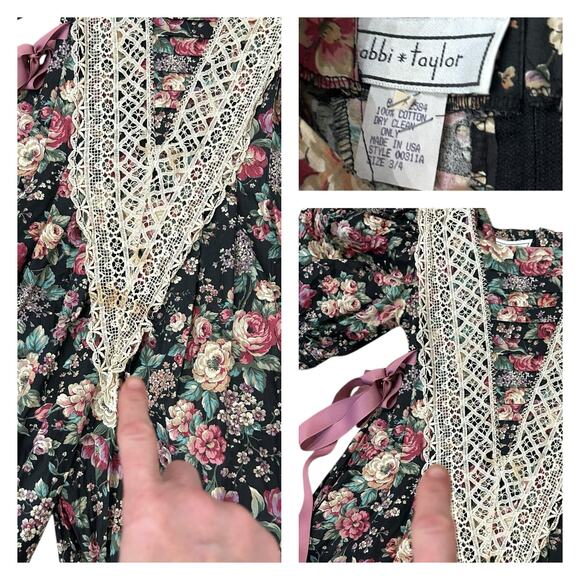 Vintage Floral Cotton Lace Prairie Jumpsuit Puff Sleeve Cottage core / XS - - Picture 4 of 5